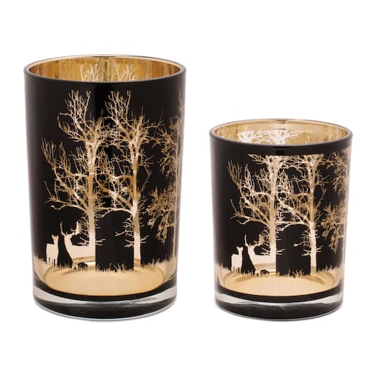 Black & Gold Mossy Oak Deer Glass Candle Holder Set
